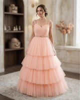 Net Sleeveless Beaded-Shoulder Layered Princess Full-Length Gown - Peach(New)(Bestseller)