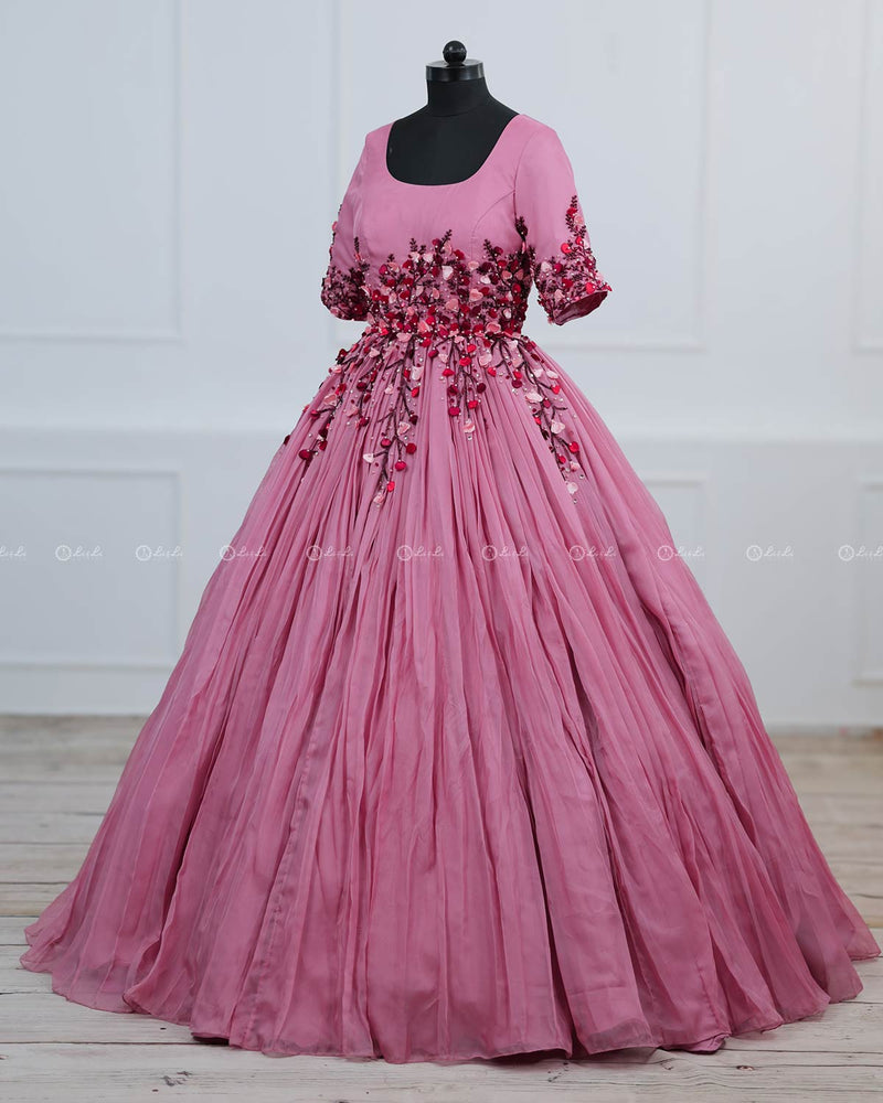 Dusty Rose  Elegant Gown Highlighted With Handcrafted Flowers.