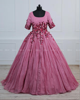 Dusty Rose  Elegant Gown Highlighted With Handcrafted Flowers.