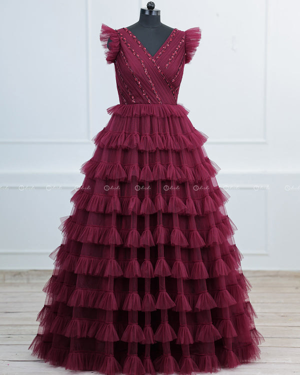 Multi Layered Maroon  Gown