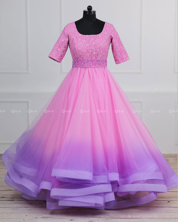 Pink and Lavender  Color Gradient Gown with Detachable Belt.