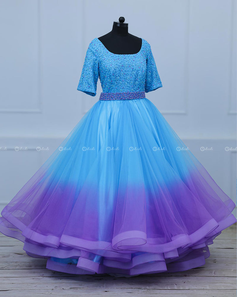 Sky Blue  and Lavender  Color Gradient Gown with Detachable Belt.