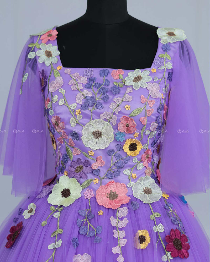 Lavender Flair Sleeve Embroidery  Gown with Weaving Yoke Pattern and Highlighted HandworK