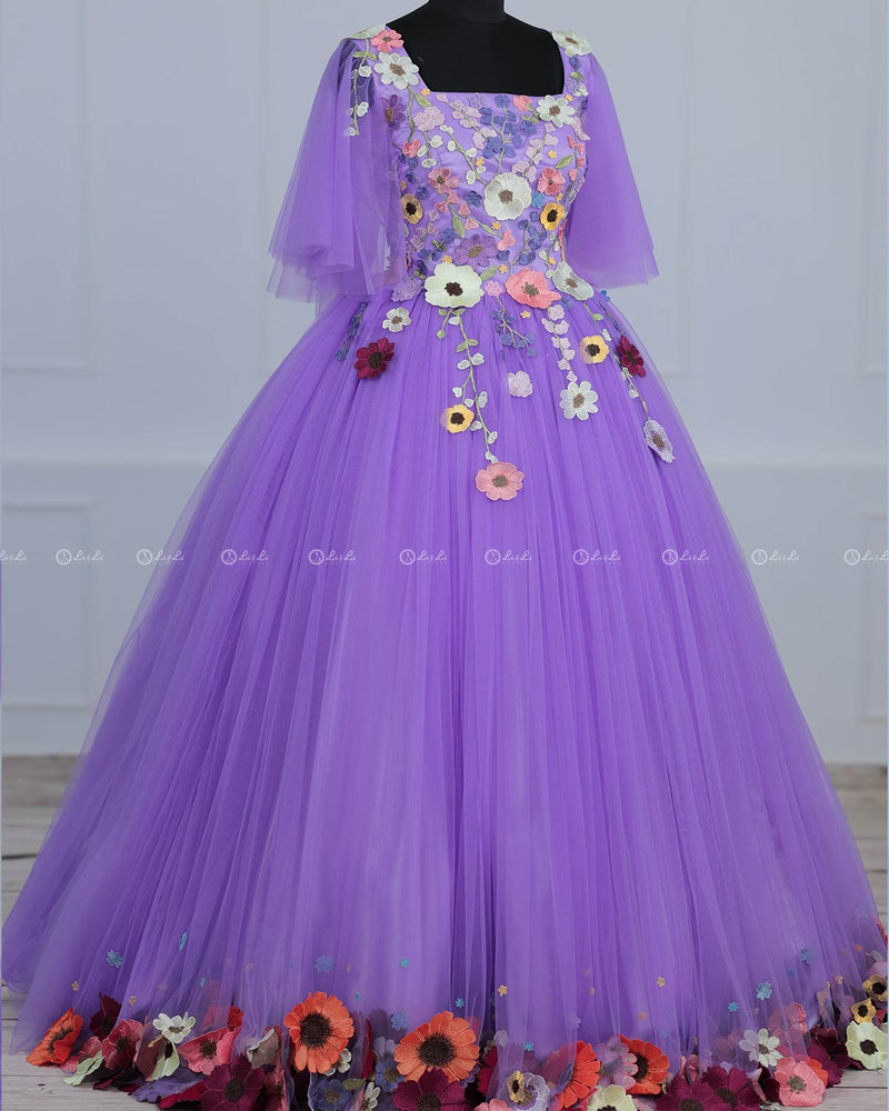 Lavender Flair Sleeve Embroidery  Gown with Weaving Yoke Pattern and Highlighted HandworK