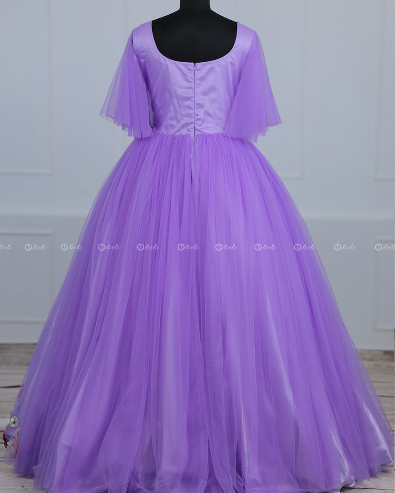 Lavender Flair Sleeve Embroidery  Gown with Weaving Yoke Pattern and Highlighted HandworK