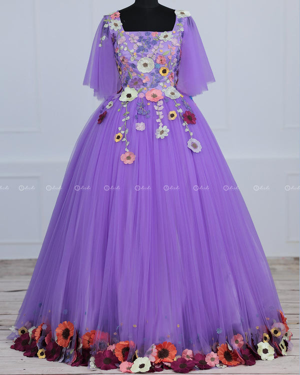 Lavender Flair Sleeve Embroidery  Gown with Weaving Yoke Pattern and Highlighted HandworK