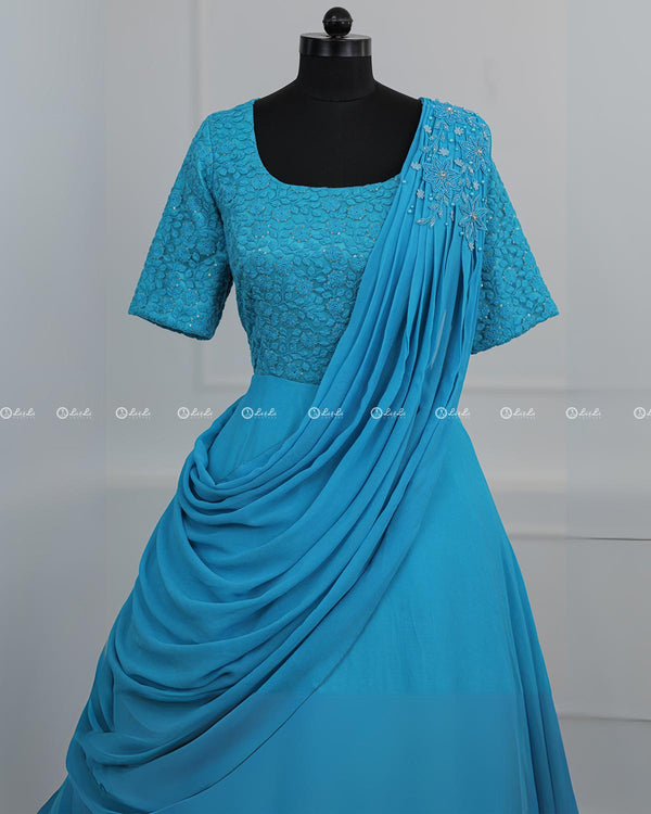 Sea Blue Colour Georgette Graped Gown.