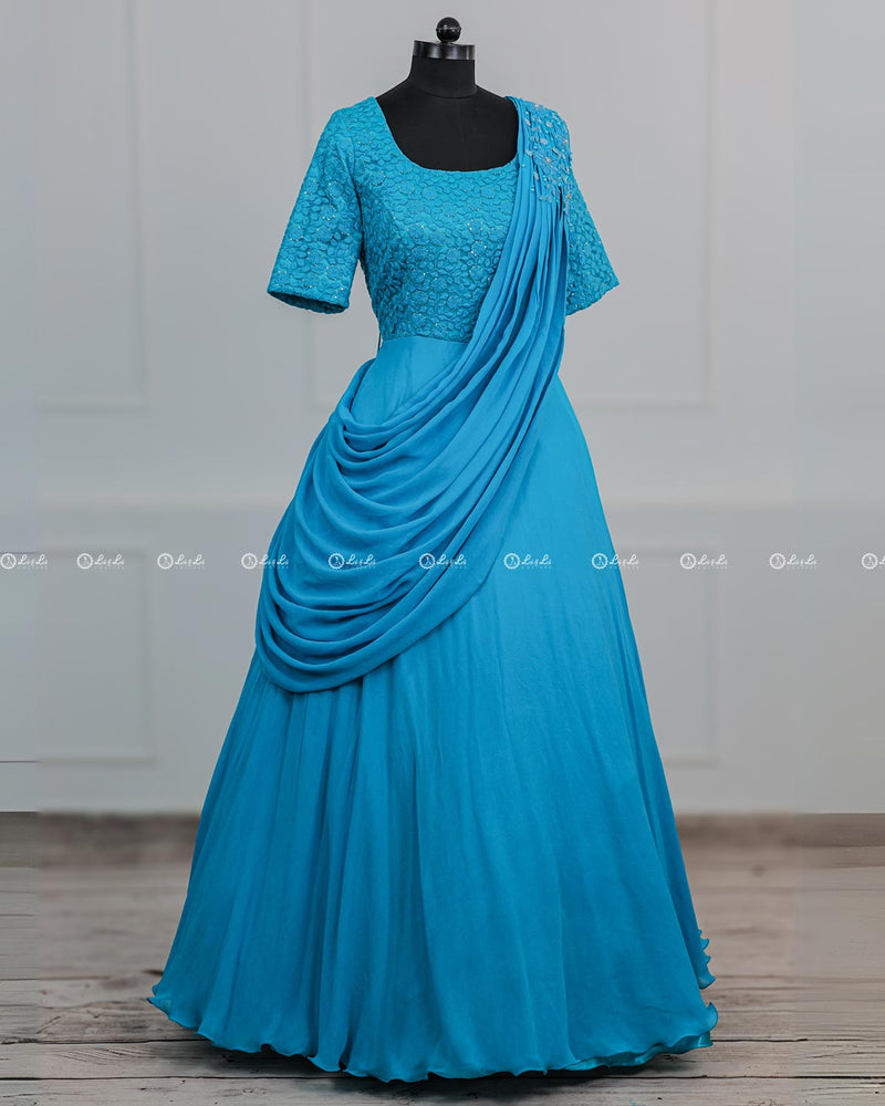 Sea Blue Colour Georgette Graped Gown.