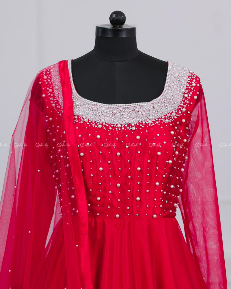 Candy Red Gown With Pearl Detailed Yoke.