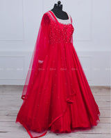 Candy Red Gown With Pearl Detailed Yoke.