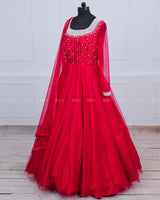 Candy Red Gown With Pearl Detailed Yoke.