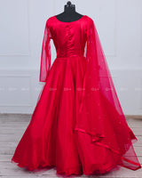 Candy Red Gown With Pearl Detailed Yoke.