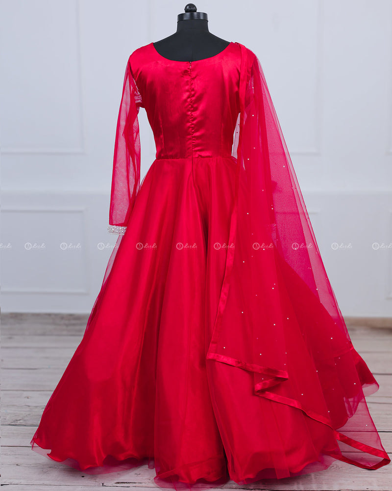 Candy Red Gown With Pearl Detailed Yoke.