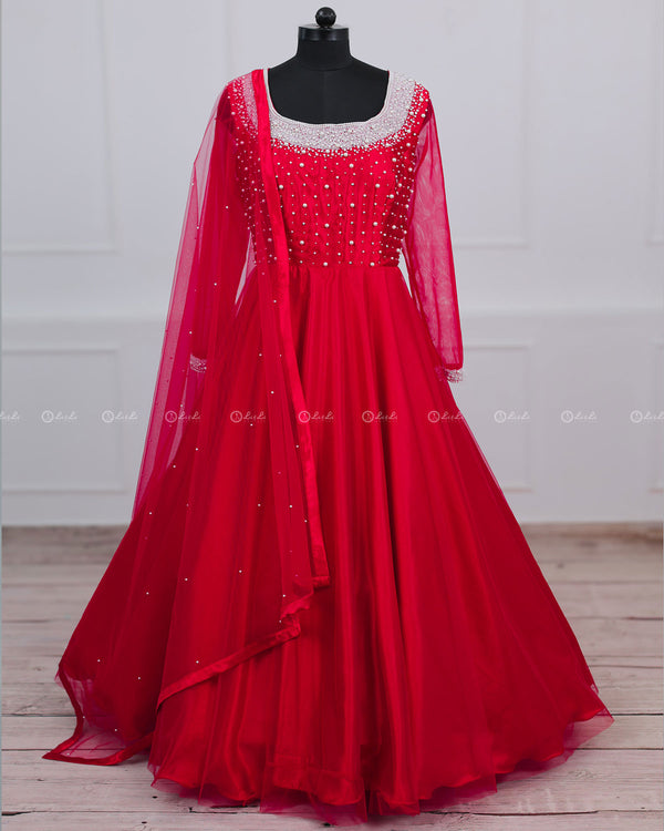 Candy Red Gown With Pearl Detailed Yoke.