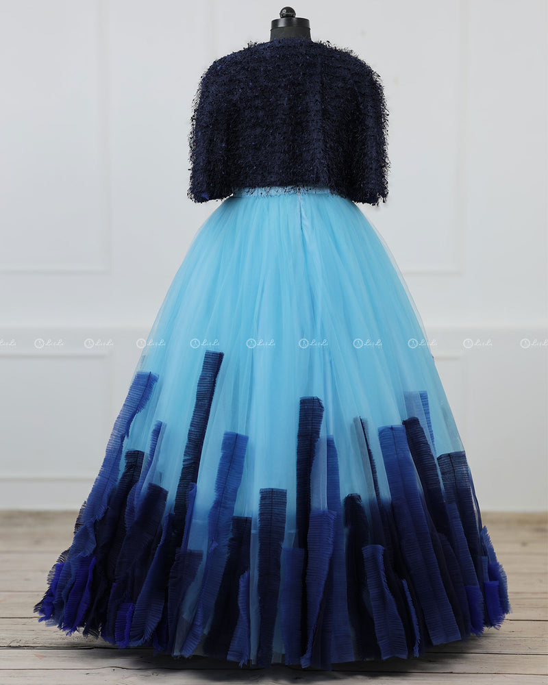 Blue Mom Gown with Detachable Feather Cape