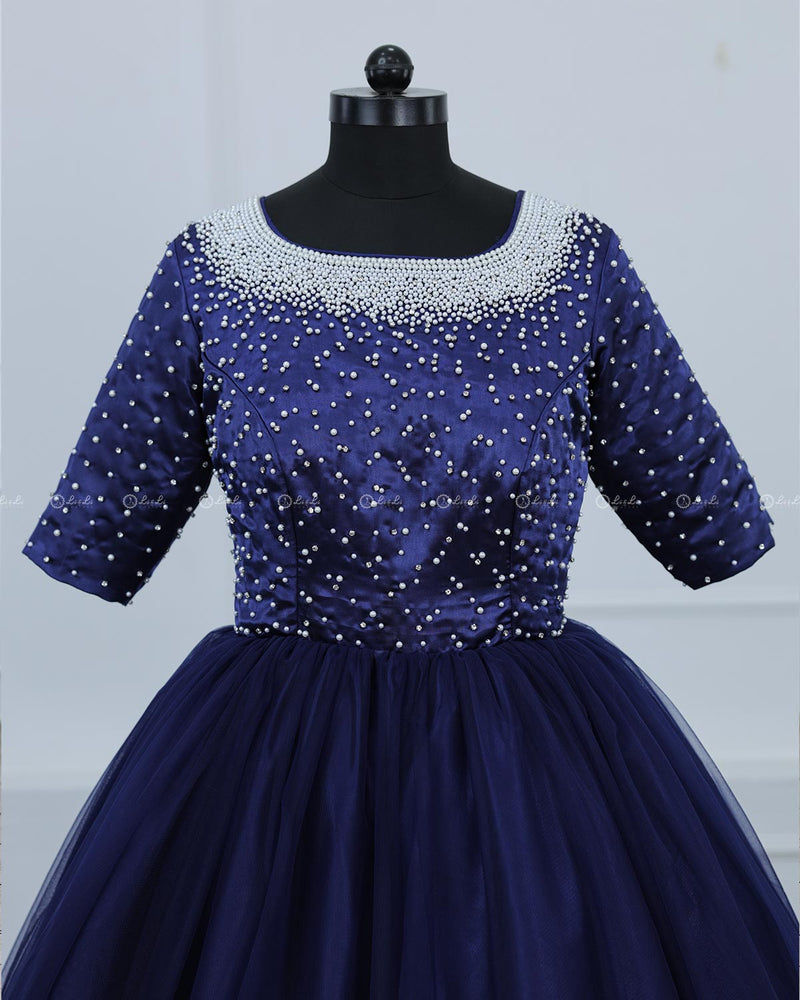 Navy Blue Gown With Pearl Detailed Yoke.