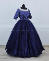 Navy Blue Gown With Pearl Detailed Yoke.