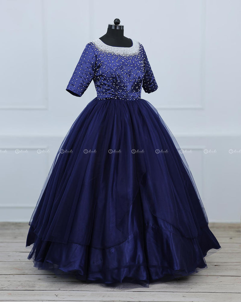 Navy Blue Gown With Pearl Detailed Yoke.