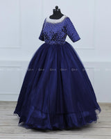 Navy Blue Gown With Pearl Detailed Yoke.