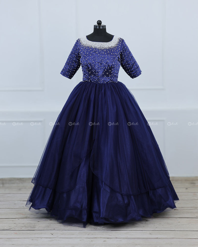 Navy Blue Gown With Pearl Detailed Yoke.