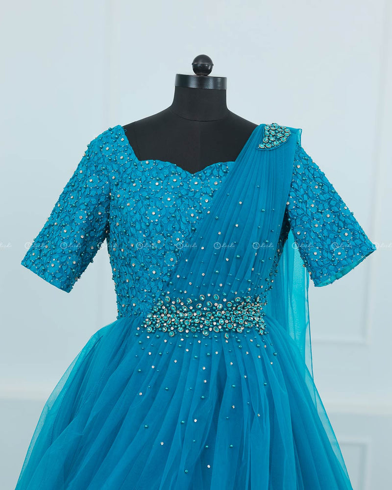 Sea Blue Gown with Draped Duppatta