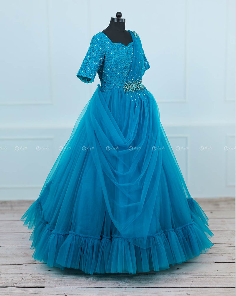 Sea Blue Gown with Draped Duppatta