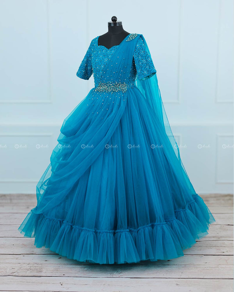 Sea Blue Gown with Draped Duppatta