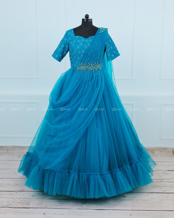 Sea Blue Gown with Draped Duppatta