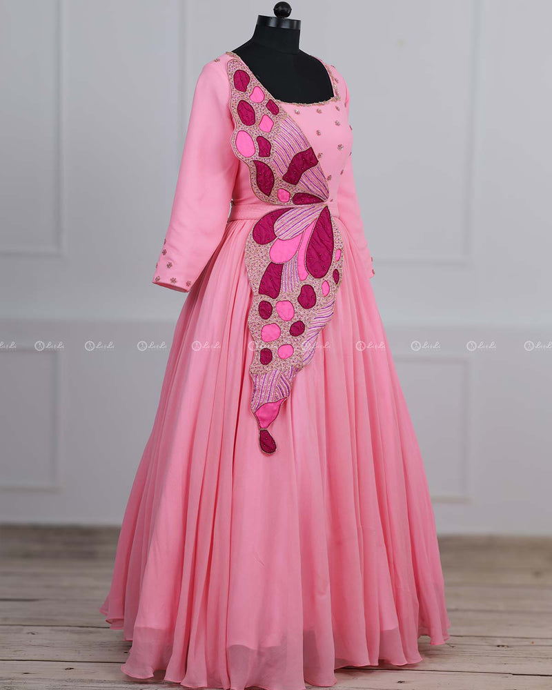 Monarch Butterfly Theme Gown in Flamingo Pink Color with Detachable Wi www.liandli.in Monarch Butterfly Theme Gown in Flamingo Pink Color with Detachable Wi www.liandli.in