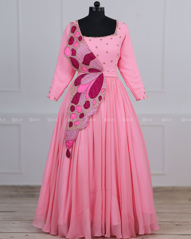 Monarch Butterfly Theme Gown in Flamingo Pink Color with Detachable Wings and Belt