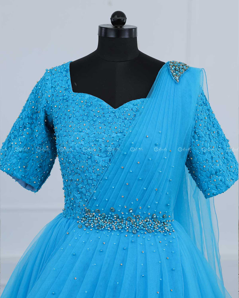 Sky Blue Gown with Draped Dupatta