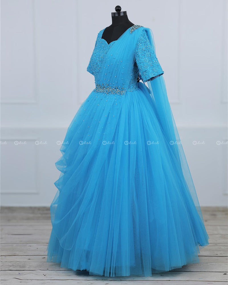 Sky Blue Gown with Draped Dupatta