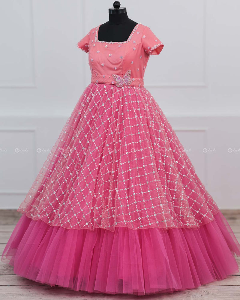 Flamingo Gown Butterfly Theme Dress Highlighted with Handwork.