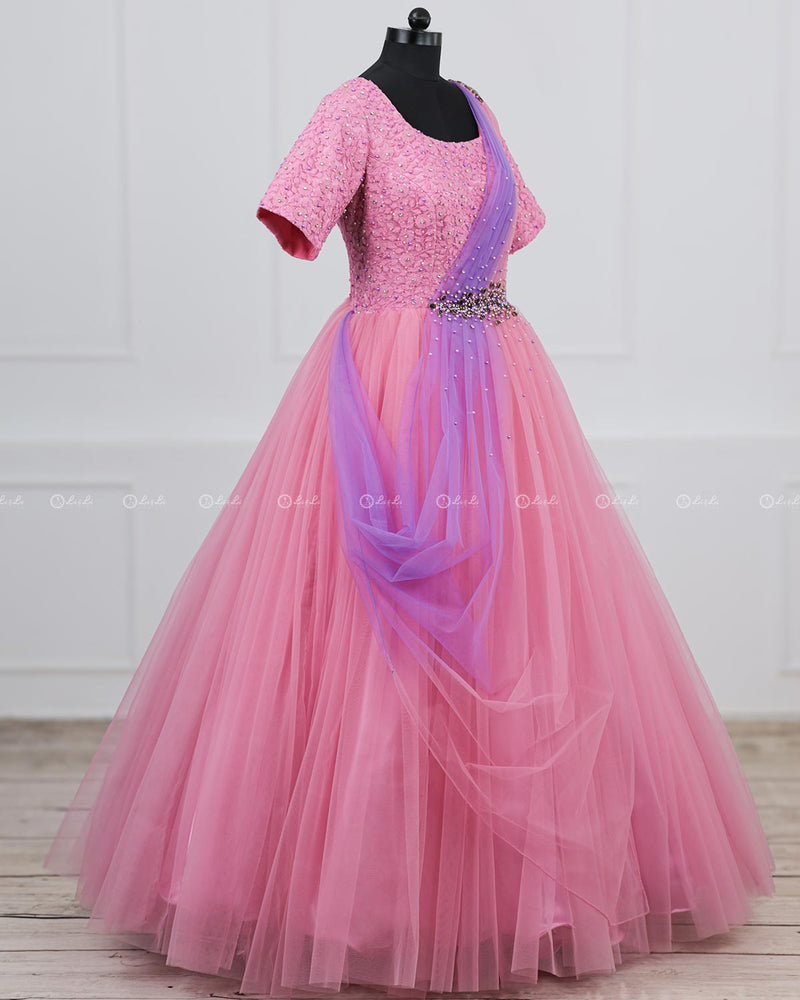 Pink and Lavender Gown with Draped Duppatta