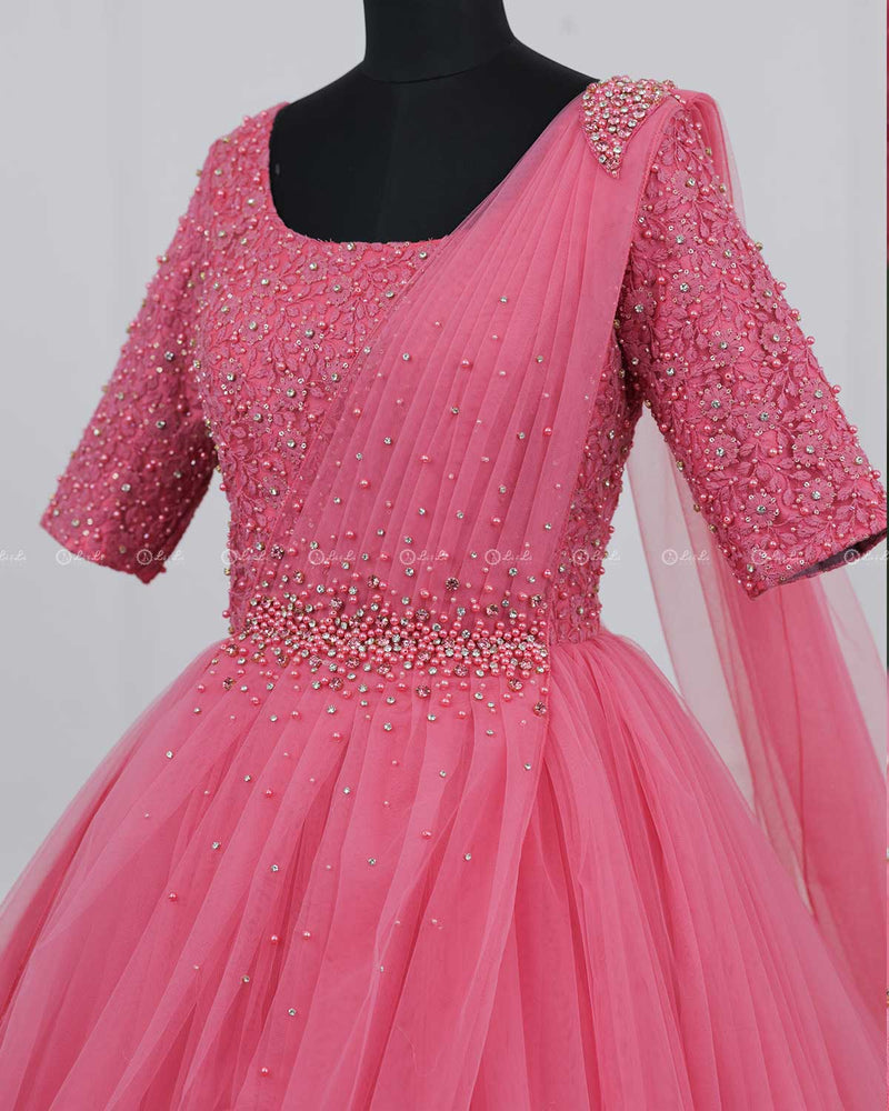 Flamingo Peach Gown with Draped Dupatta