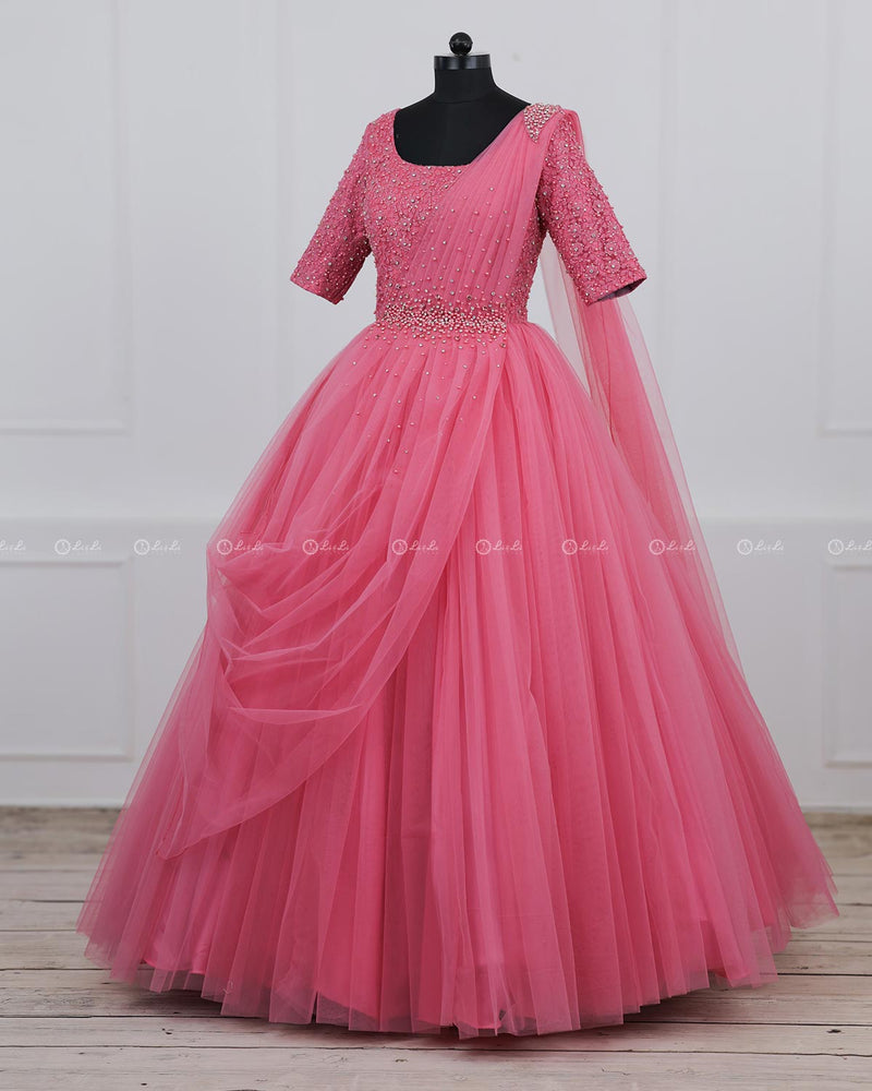 Flamingo Peach Gown with Draped Dupatta