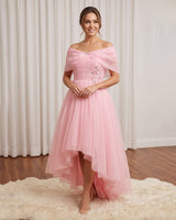 Organza Cape sleeve High & Low floral full length gown - Pink(New)
