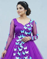 Net Full Sleeve Butterfly Spreaded Full Length Gown - Purple(New)