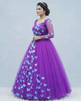 Net Full Sleeve Butterfly Spreaded Full Length Gown - Purple(New)