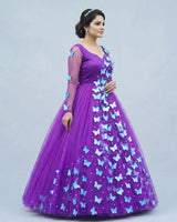Net Full Sleeve Butterfly Spreaded Full Length Gown - Purple(New)