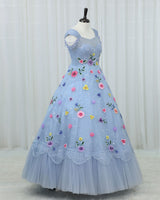 Organza Cap Sleeve Multi Layered Floral Full Length Gown -Blue Ash(New)