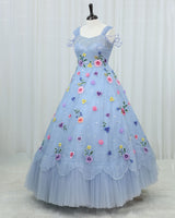 Organza Cap Sleeve Multi Layered Floral Full Length Gown -Blue Ash(New)