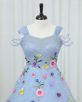 Organza Cap Sleeve Multi Layered Floral Full Length Gown -Blue Ash(New)