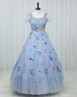 Organza Cap Sleeve Multi Layered Floral Full Length Gown -Blue Ash(New)