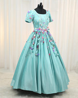 Satin Puff Short Sleeve Aari & 3D Floral Full Length Gown - Baby Blue(New)