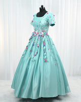 Satin Puff Short Sleeve Aari & 3D Floral Full Length Gown - Baby Blue(New)