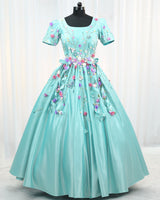 Satin Puff Short Sleeve Aari & 3D Floral Full Length Gown - Baby Blue(New)