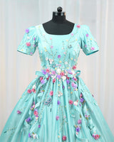 Satin Puff Short Sleeve Aari & 3D Floral Full Length Gown - Baby Blue(New)