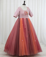 Net Elbow Sleeve Multicolour Floral Full Gown -Rose & Peach(New)