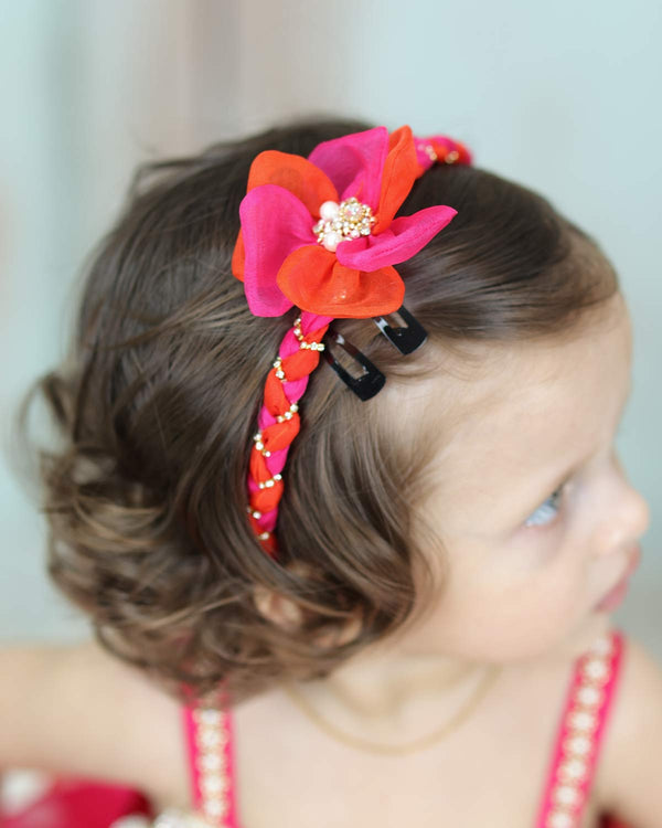 Pink and Orange Fabric Flower Hand Crafted Hair Bow